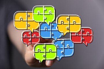 Aufkleber - Colorful puzzle pieces in speech bubbles. Teamwork, communication, and problem-solving concept.