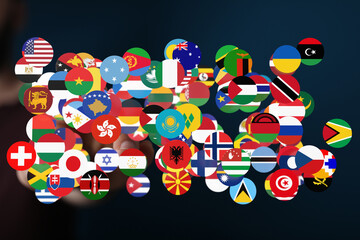 Poster - Connecting the world through technology and international collaboration. Diverse flags represent global unity.