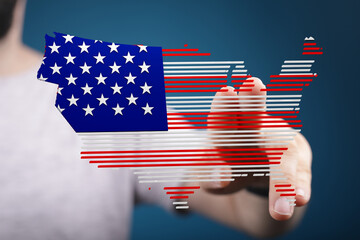 Poster - Stock photo of a hand interacting with a digital US map designed with American flag colors.