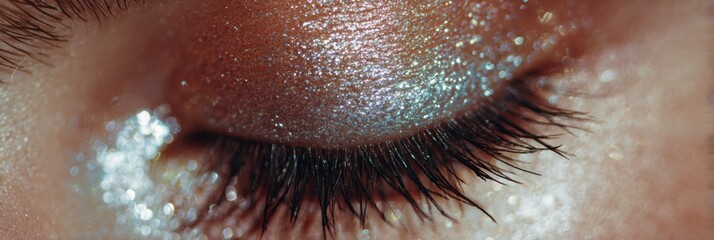 Poster - Close-up of Shimmering Eye Makeup Highlighting Eyelashes With Soft Light and Texture