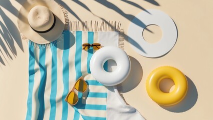 Poster - 3d render top view of white blank cylinder frame for mock up and display products with shadows of palm leaves with summer background