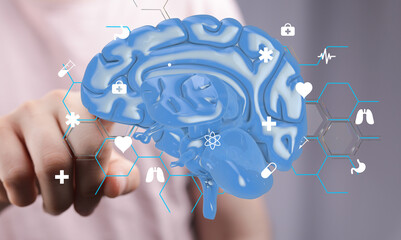 Poster - 3D brain model with medical icons.  Concept for AI, healthcare, neuroscience, and medical technology.