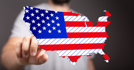Poster - Image of a person holding a 3D model of the USA shaped like the American flag.