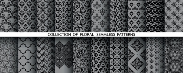 Aufkleber - Geometric floral set of seamless patterns. Gray and black vector backgrounds. Damask graphic ornaments