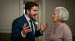 © Vasiliy - Angry young man in suit arguing with senior woman during heated family discussion. Conflict resolution and family counseling services