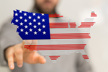 Aufkleber - Person interacts with a digital US map designed with the American flag. Patriotism, technology, and nation.