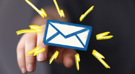 Aufkleber - Image of a hand presenting a digital email icon, surrounded by yellow energy sparks. Perfect for communication concepts.