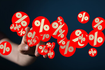 Poster - Abstract image of hand interacting with percentage symbols, ideal for discount, sale, finance concepts.