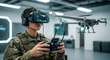 © Cliff - Female soldier drone operator wearing virtual reality glasses controls drone during training
