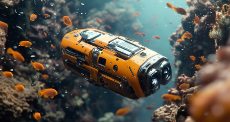 Aufkleber - A submarine robot glides effortlessly through vibrant coral reefs teeming with marine life. The exploration takes place in the ocean depths, revealing the stunning underwater ecosystem.