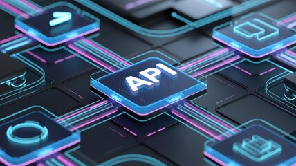 Futuristic API interface with neon digital network elements. API architecture, system integration, data exchange, digital communication, software connectivity.