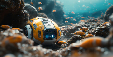 Aufkleber - A robotic submarine ventures through a colorful coral reef, revealing diverse marine life and intricate underwater landscapes. The exploration emphasizes the beauty and mystery of ocean depths.