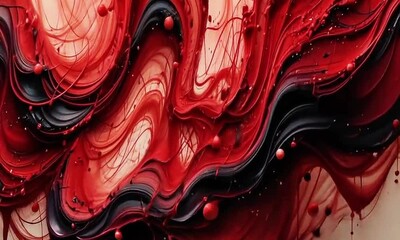 Poster - This is an artistic abstract painting illustration with beautiful swirls and fluid shapes in red and black acrylic paint. Perfect for backgrounds, designs, or digital arts.