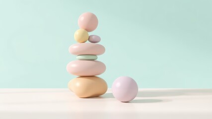 Leinwandbilder - Stylized Zen-like Balance of Pastel Colored Rounded Shapes, Promoting Harmony, Peacefulness, Meditation and Calmness, Against a Pale Turquoise Background