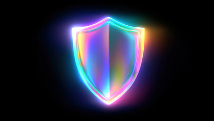 Poster - Glowing, multicolored shield on black background symbolizes protection and security