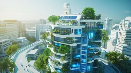 Poster - This striking building features solar panels and vertical gardens, demonstrating advancements in smart city design with a focus on sustainability and renewable energy solutions.