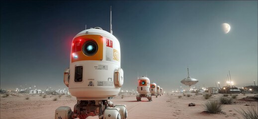 Aufkleber - Autonomous robots traverse the surface of a distant planet during a space exploration mission. The landscape is rugged, illuminated by the distant moon. These machines seek valuable data.