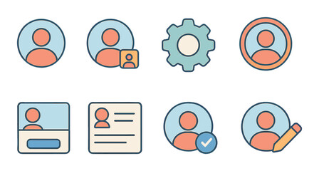 User profile interface isometric set. avatar circle, profile badge, settings gear, story ring, cover image layout, profile stats panel, verified checkmark.