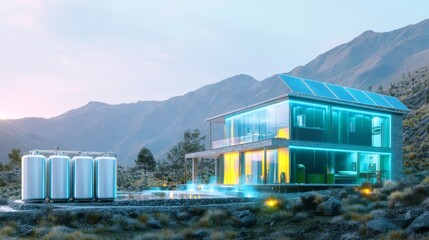 Poster - A contemporary house equipped with solar panels and renewable energy systems is set in a mountainous area, emphasizing sustainable living amidst natural beauty at dusk.
