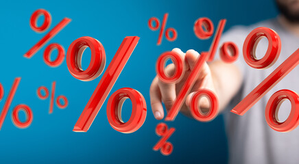 Poster - Hand interacting with red percentage symbols. Perfect for finance, sales, and discounts.
