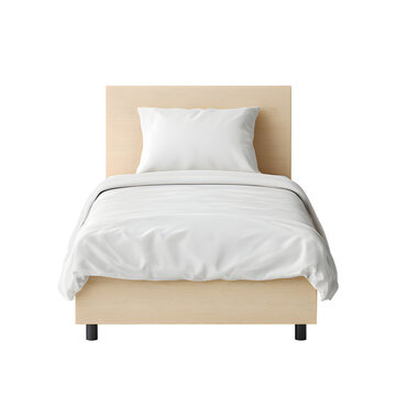 Light beige wooden single bed with white linens.