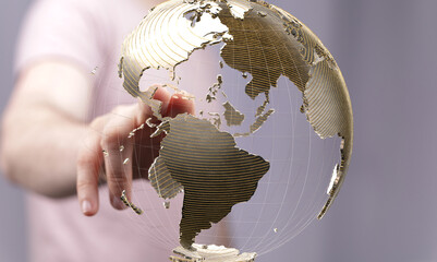 Leinwandbilder - Person's hand interacts with a transparent digital globe, symbolizing global connectivity and networking.