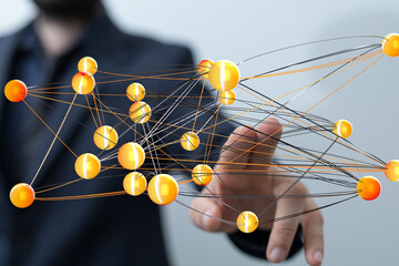 Poster - Abstract image of a businessman interacting with a complex network, representing global connectivity and data flow.