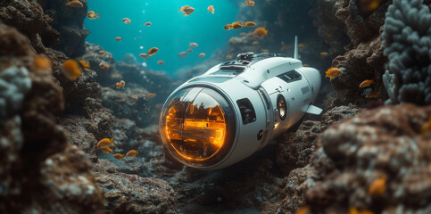 Aufkleber - A robotic submarine navigates through a vibrant underwater landscape, discovering diverse marine life.