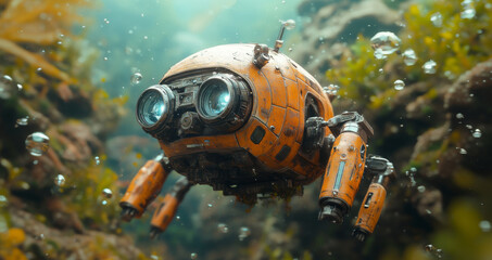Aufkleber - A small orange exploration robot is navigating through underwater terrain, surrounded by bubbles and marine vegetation. It is designed for deep-sea exploration, capturing valuable data.