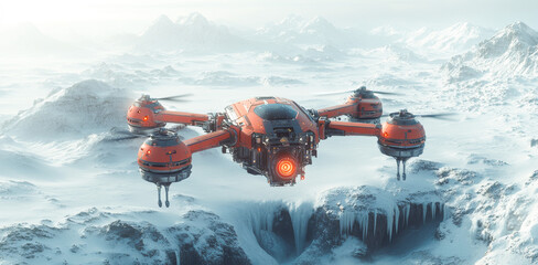 Aufkleber - A bright orange robot hovers over a snow-covered planet, equipped with advanced technology for exploration. The expedition aims to uncover new frontiers in a distant, frozen landscape.