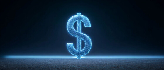 Poster - Glowing blue dollar sign stands out against dark background, symbolizing finance and technology