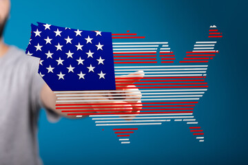 Poster - Interactive digital map of the USA designed with an American flag. Technology, patriotism concept.