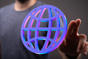 Poster - Person's hand interacts with a vibrant 3D globe, symbolizing global connectivity and networking.