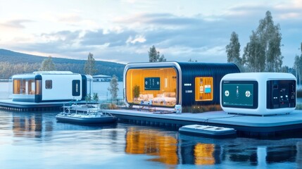 Poster - Floating homes reflect the future of sustainable living with autonomous features, renewable energy sources, and offgrid technology amid a tranquil water setting during daylight hours