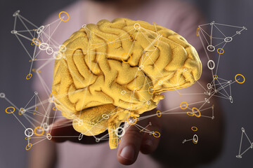 Poster - 3D render of a golden brain with glowing neural connections.  Ideal for AI, neuroscience, and technology concepts.