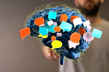 Aufkleber - 3D illustration of a brain with colorful speech bubbles, representing communication and ideas.