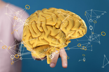Leinwandbilder - Abstract image of a golden brain with interconnected nodes, representing neural networks and cognitive processes.