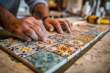 Poster - Close-up of an artisan's hands carefully laying colorful patterned ceramic tiles in place, showcasing traditional craftsmanship and meticulous home renovation work.