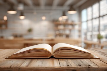 Poster - an open book lies on a rustic wooden table, inviting readers to immerse themselves in stories and kn
