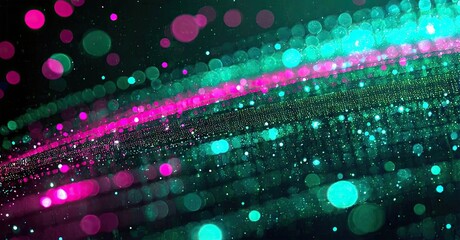 Aufkleber - Abstract background features vibrant pink, teal lights. Sparkling particles create dynamic wave effect. Dark space surrounds bright illumination.