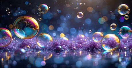 Poster - Iridescent bubbles float, reflect light. Purple surface mimics water, creating magical scene. Bright bokeh adds depth.