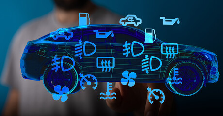 Poster - Modern car technology, digital display, maintenance alerts, illuminated icons.