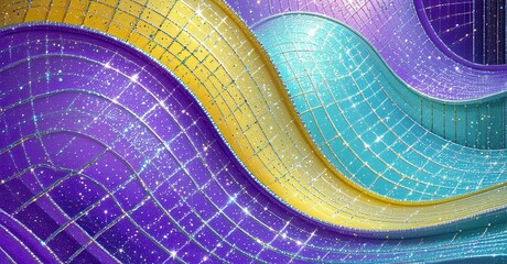 Aufkleber - Abstract waves, vibrant colors, sparkling grid pattern. Gold, turquoise, purple hues create dynamic visual effect.