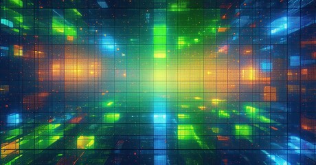 Fototapete - Bright grid tunnel. Vivid colors radiate from central point, creating futuristic visual effect. Dark background emphasizes luminosity.