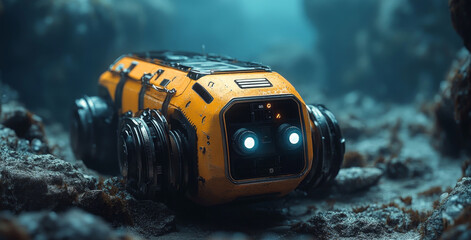 Aufkleber - This underwater robot submarine navigates the ocean floor, equipped for exploration in profound depths. It captures and studies marine life while uncovering ocean secrets.