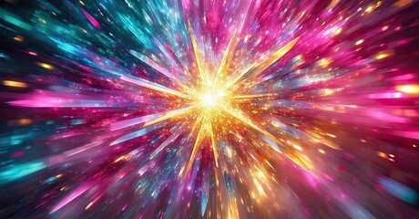 Aufkleber - Bright explosion radiates outward. Vivid colors blend, creating dynamic energy. Intense light dominates dark background.