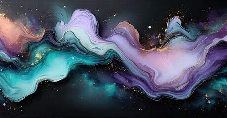Aufkleber - Abstract fluid art. Swirling colors blend, creating dynamic waves. Gold flecks accent dark background. Beautiful, ethereal composition.