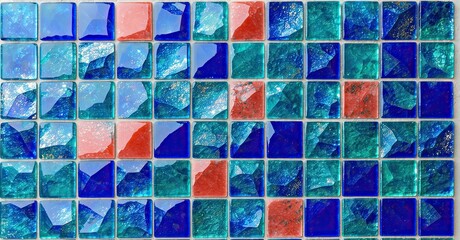 Aufkleber - Mosaic pattern features square tiles. Colors include blue, turquoise, red. Texture appears glossy, reflective. Design evokes water, glass.