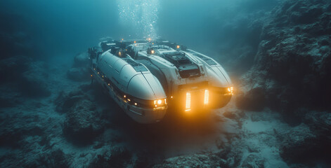 Aufkleber - A sophisticated exploration robot submarine descends into the ocean depths, surrounded by bubbles. It meticulously examines the underwater terrain, unveiling hidden wonders of the sea.