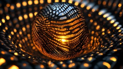 Abstract 3D Animation of a Glowing Sphere with Ornate Grid Pattern and Dynamic Light Effects